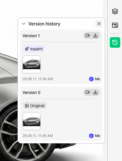② Version history — 작업 종류·시각과 함께, 원본은 Version 0 으로 보존